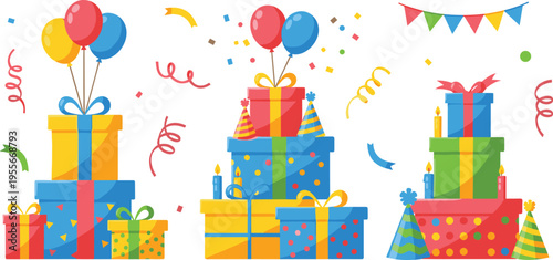 Colorful birthday gift boxes set with party balloons confetti hats and celebration elements for holiday anniversary flat vector illustration