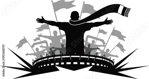 Silhouette of cheering football fans with flags and scarf in stadium vector illustration for sports celebration design