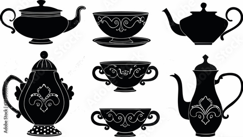A set of elegant tea pot and cup silhouettes in a minimalist black and white design