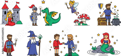 Fantasy fairy tale character vector illustration set featuring princess knight dragon wizard fairy mermaid and magic kingdom elements