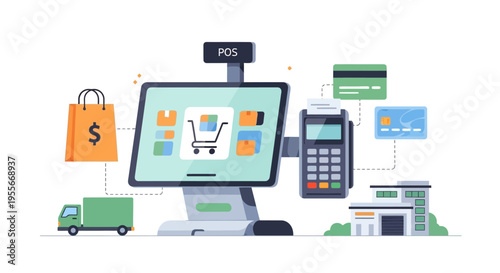 E-commerce & Retail Ecosystem: POS System, Online Shopping, Payment, & Delivery Logistics Flat Vector Illustration