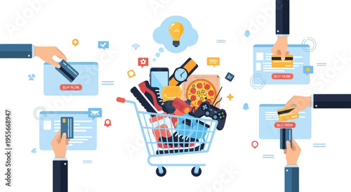 E-commerce & Online Shopping Concept with Credit Card Payments and Diverse Products in a Shopping Cart