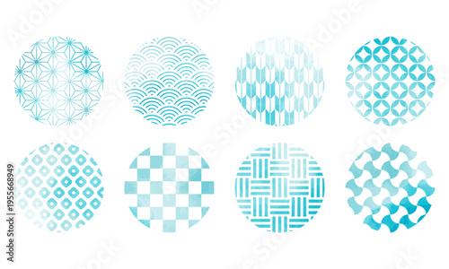 日本の縁起の良い和柄　セット　水彩　水色