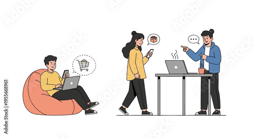 Online Shopping & Digital Lifestyle Illustration: E-commerce, Mobile Ordering, & Customer Service