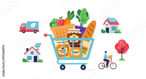 Eco-Friendly Grocery Delivery & Sustainable Living: Shopping Cart with Organic Produce, Green Transport, and Solar Powered Homes