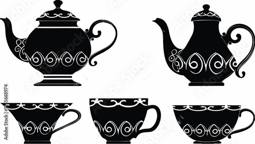 A set of elegant tea teapots and cups in a minimalist black and white vector illustration