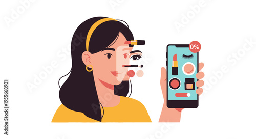 Virtual Makeup Try-On App: Woman using Augmented Reality Beauty Features on Smartphone for Cosmetics Shopping