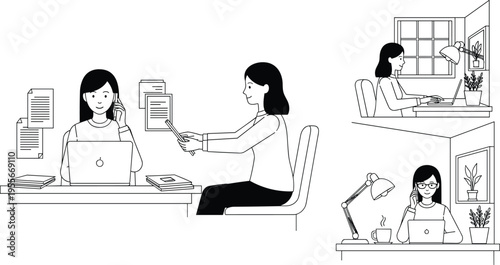 Women working in office and home workspace vector set featuring female employees using laptops talking on phone and organizing documents in line art