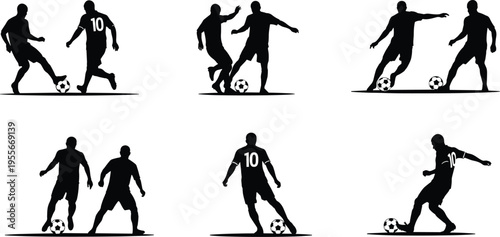 Soccer players silhouettes in action poses dribbling passing and tackling isolated vector set for football sports design