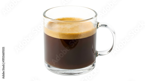 Clear glass mug with black espresso americano coffee isolated on transparent background