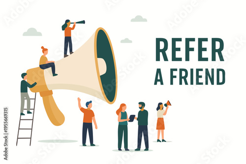 Refer a Friend Concept: Small Diverse Team Promoting with Megaphone and Mini Megaphones, Flat Design Vector Illustration