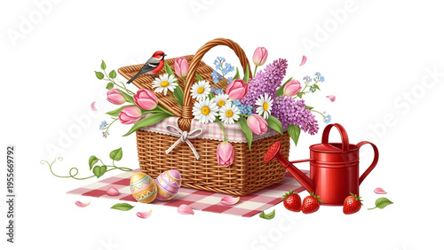 Spring Easter Picnic Basket with Tulips, Lilacs, Decorated Eggs, and Songbird on Gingham Cloth