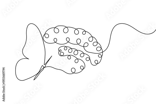 Quadro su tela Butterfly and brain continuous one line drawing minimalist style vector illustra