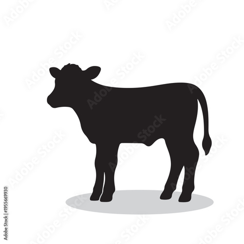 Black silhouette of a small cow or calf. Domestic livestock vector icon isolated on white.