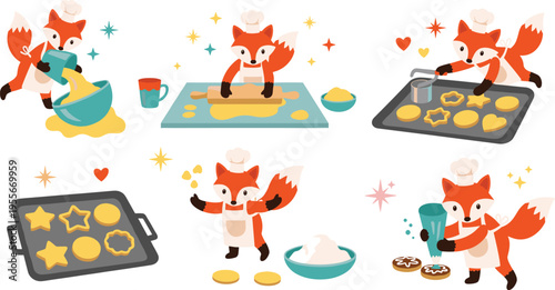 Cute fox chef character baking cookies set vector illustration with rolling pin dough oven tray and icing decorations