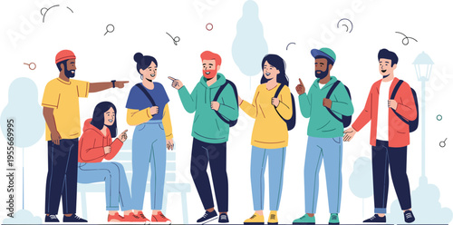 Diverse group of happy young students with backpacks talking and socializing in a park outdoor vector illustration
