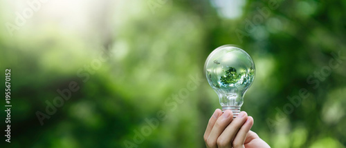 Green energy and renewable energy concept, environmental sustainability, eco friendly technology, global warming solution. Hand holding light bulb with green world globe inside on nature background.