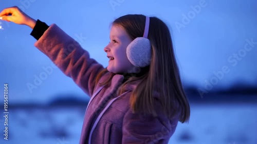 Child in earmuffs holding sparkler outdoors at dusk festive winter celebration and safety concept