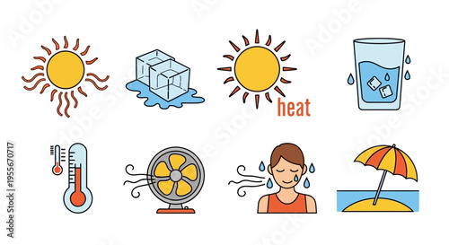 Summer Heat Wave and Cooling Down Icon Set - High Temperature, Sun, Ice, Water, Fan, and Sweating Person Vector Illustrations for Weather and Health Concepts