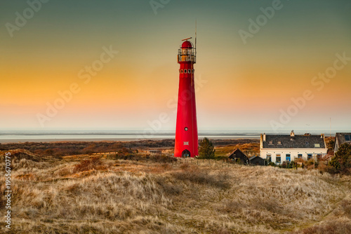 Red Northern Lighthouse on the Wadden Island of Schiermonnikoog in the Netherlands
