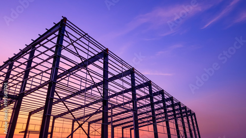 Silhouette metal structure of industry warehouse factory building with steel framework in construction site against colorful evening sky background, low angle view with copy space