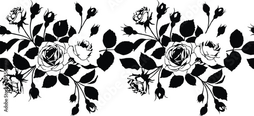 The image shows a black and white floral design, possibly including roses and leaves. It is more of an artistic or graphic type of depiction than a realistic one.