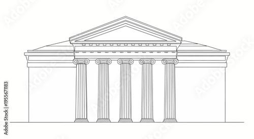 Classical Greek Architecture Facade with Columns and Pediment Line Drawing