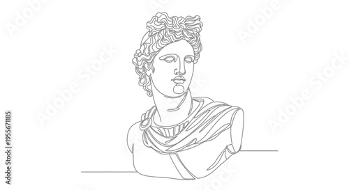 Minimalist line art of Greek statue bust, Apollo sculpture, elegant design