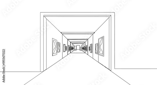 Art Gallery Corridor Perspective Line Drawing Museum Interior