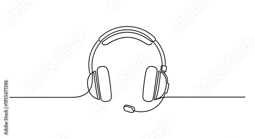 Minimalist line art of a headset with microphone, symbol for communication, gaming, or support