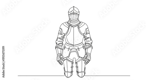 Medieval Knight Armor Line Art Illustration, Full Body Suit of Armor