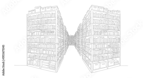 Warehouse Interior Sketch: Rows of Shelving with Boxes and Products