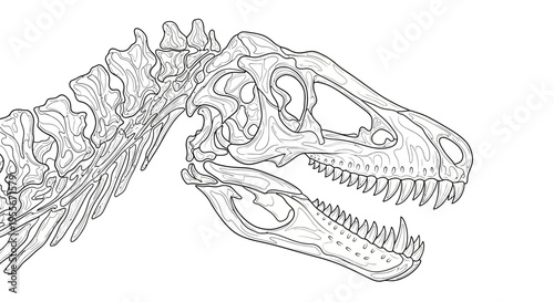 Dinosaur Skeleton Head Line Art Illustration - Prehistoric Fossil Remains