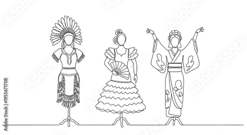 Diverse cultural costumes: Native American, Spanish, Japanese, illustrated line art