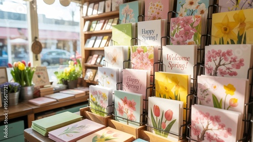 Colorful spring greeting cards displayed in shop, seasonal celebration

