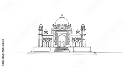 Indian Mughal Architecture Sketch, White Background, Minimalist Building Design