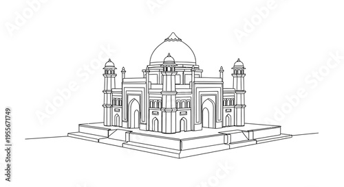 Indian Mughal Architecture Sketch, Taj Mahal Landmark, White Background, Line Art