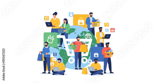 Global Online Shopping & E-commerce Concept: Diverse Consumers Engaging with Digital Retail and Worldwide Marketplace