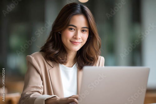 Warm smile, focused gaze, young woman uses laptop. Soft lighting, cozy workspace, natural wood tones. Professional yet approachable, calm demeanor. Ideal for digital work, remote learning