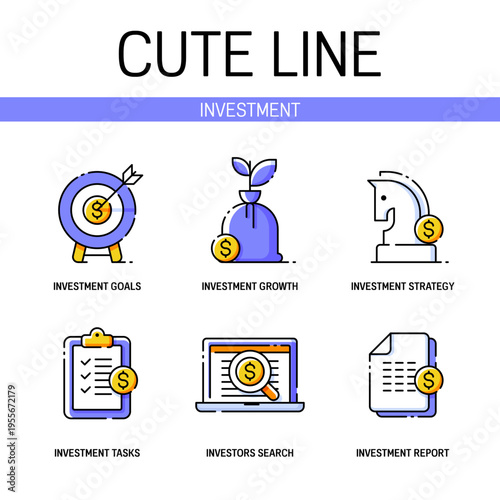 Investment related icon set contains elements of dartboard with arrow, money tree, knight chess piece, magnifying glass, clipboard and more. Flat filled outline style. Pixel perfect. Editable stroke