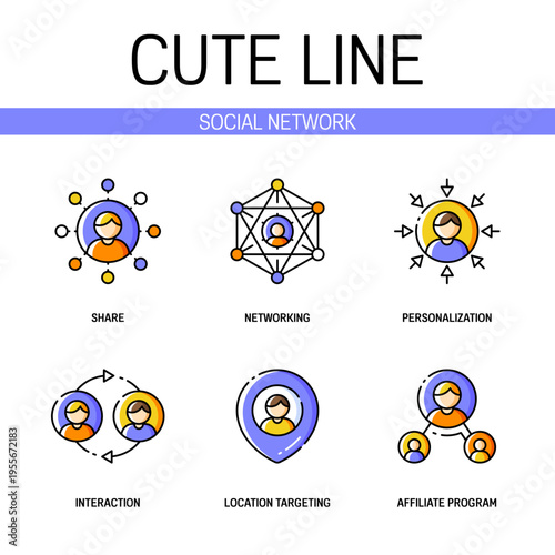 Social network related icon set contains elements of sharing, personalization, interaction, location targeting, affiliate program and more. Flat filled outline style. Pixel perfect. Editable stroke