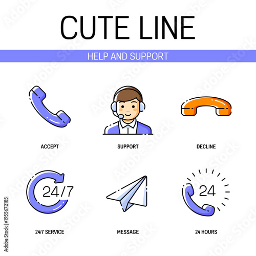 Customer care and 24/7 help related icon set contains elements of telephone handset, support employee with headset, paper plane and more. Flat filled outline style. Pixel perfect. Editable stroke
