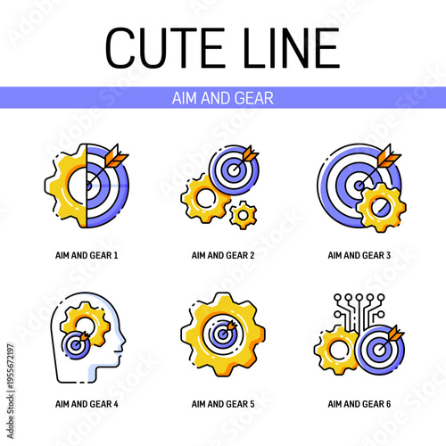 Icon of gear and dartboard with arrow for setting goals as one key to success or company target achievement process concepts. Flat filled outline style. Pixel perfect. Editable stroke