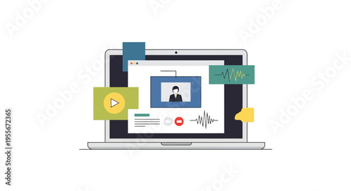 Laptop with video conference on screen.