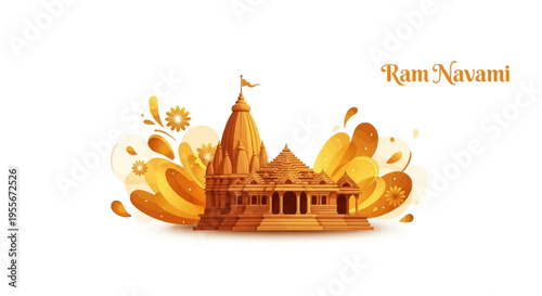 Golden illustration of a Hindu temple with floral decorations and the words 'Ram Navami' on a white background, symbolizing the festival in India with warm, celebratory tones and intricate