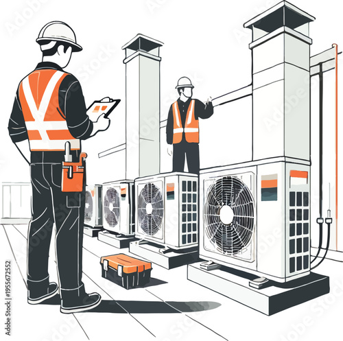 HVAC technicians inspecting rooftop air conditioning units