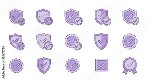 Purple checkmark icons and badges.