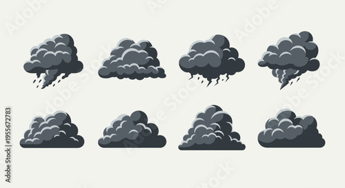 Set of Dark Storm Cloud Icons with Rain, Lightning, and Tornado Funnels; Vector Weather Illustrations for Meteorology and Design