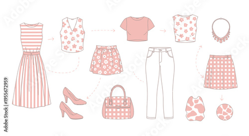 Fashion clothing and accessories on display.