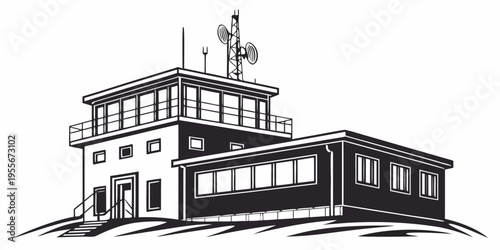 A black and white drawing of a control tower